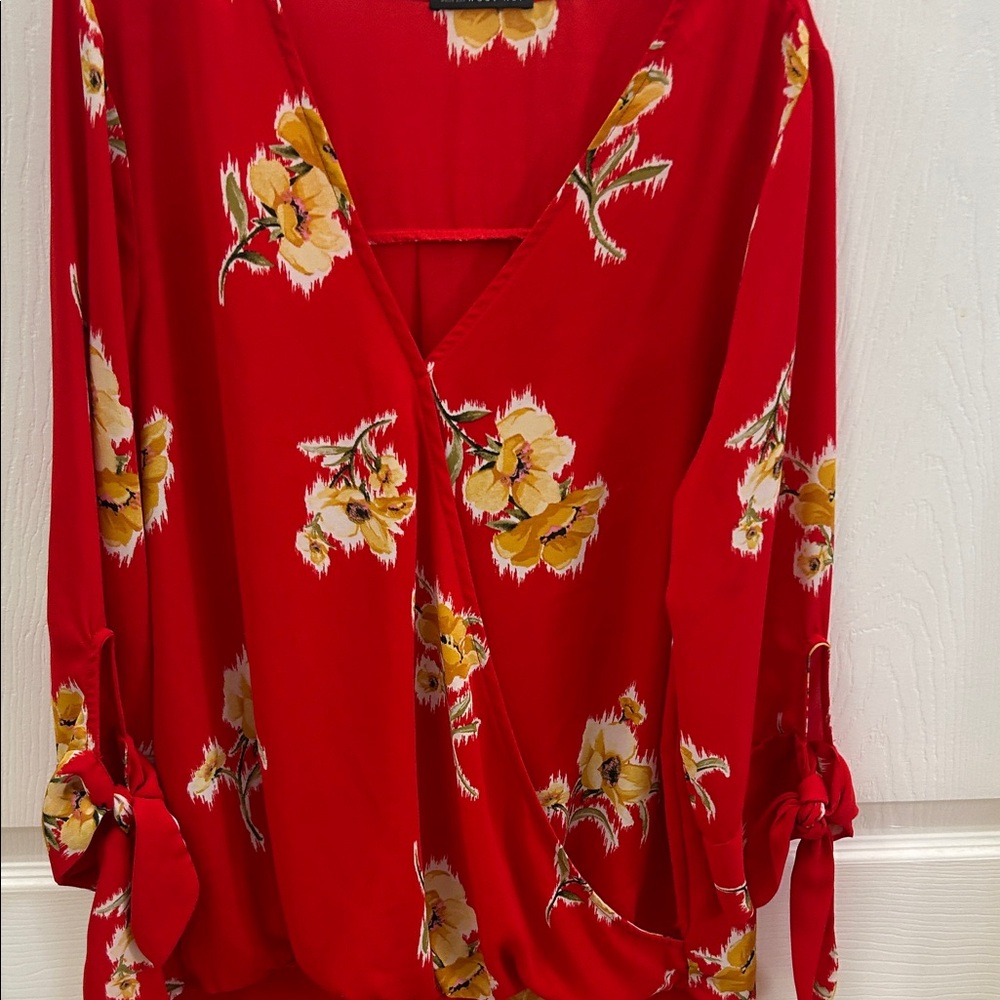 Floral Red Faux-Wrap Top